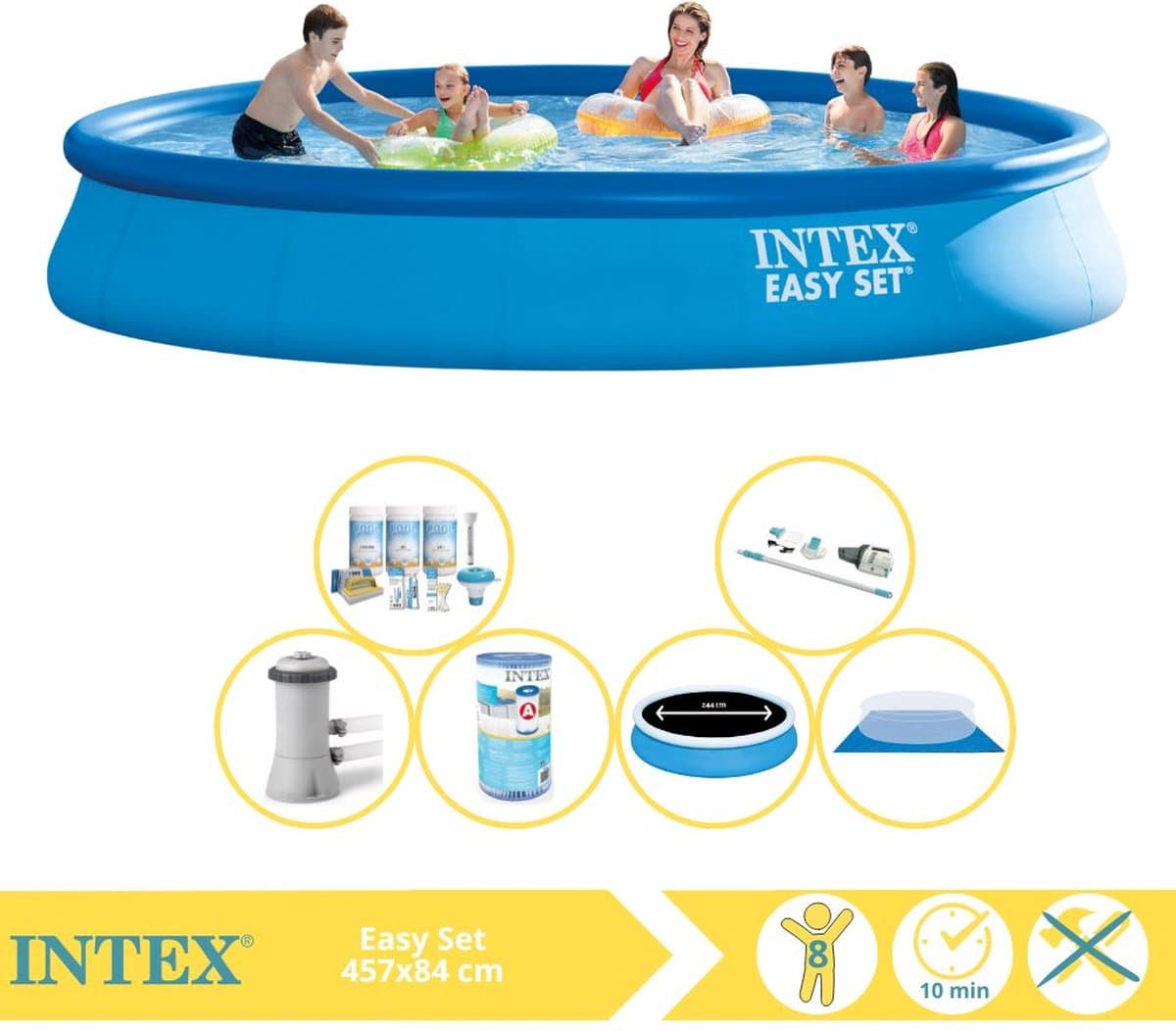 Intex Rond Opblaasbaar Easy Set Zwembad - 457 x 84 cm - Blauw - Inclusief Pomp - Solarzeil - Onderhoudspakket - Filter - Grondzeil - Stofzuiger - 7-delig