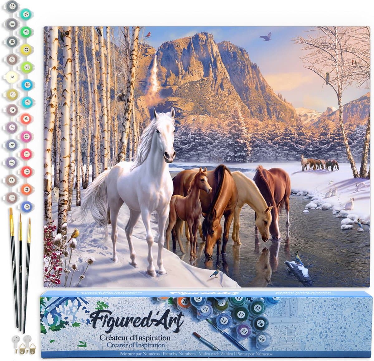 Figured'Art Schilderen op Nummer Volwassenen canvas Paarden aan het einde van de winter - Handwerk acrylverf Kit DIY Compleet - 40x50cm zonder frame