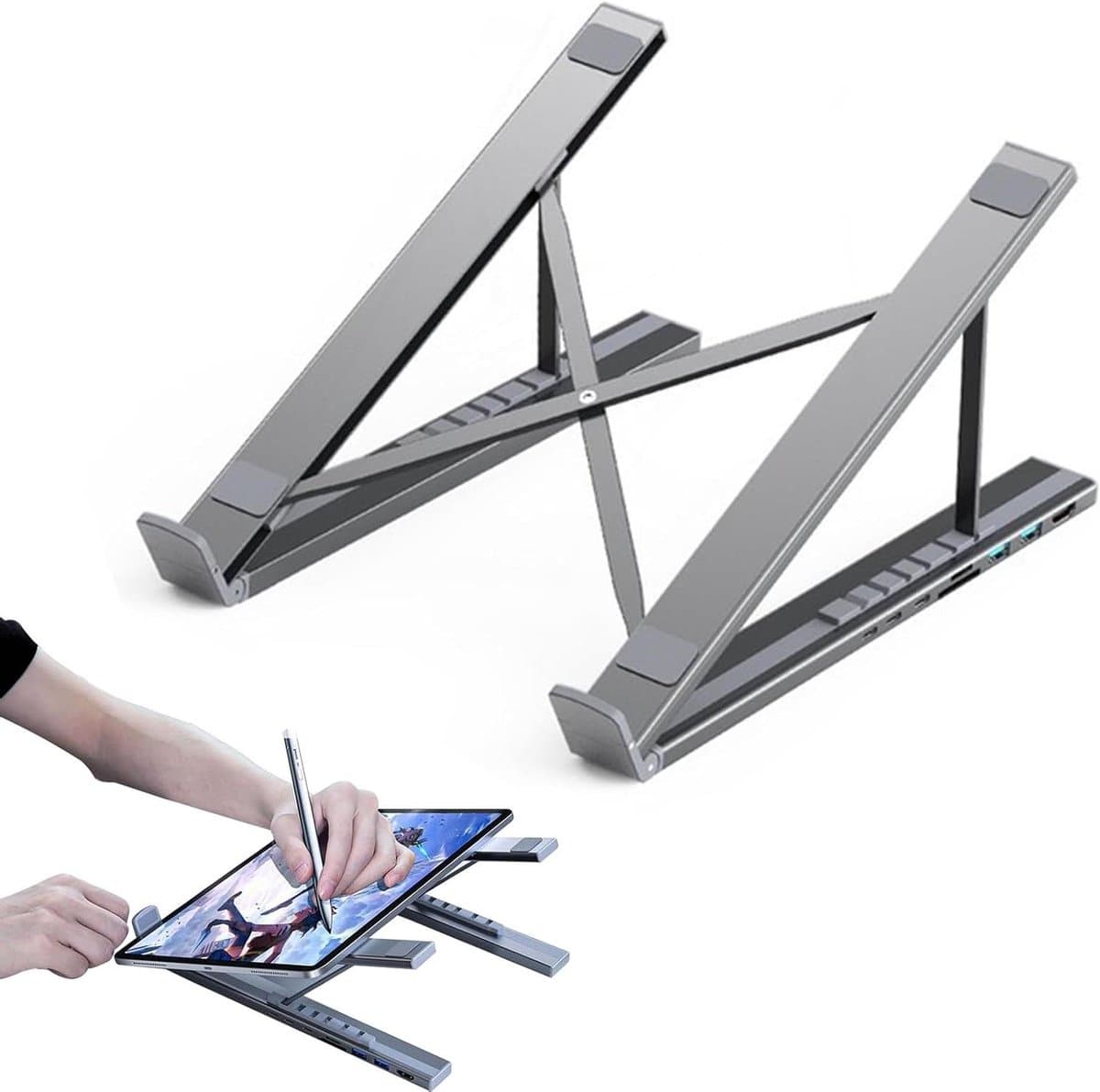 Laptop Docking Station - Tablet Stand - Ergonomisch Werken - 8-in-1 Multiport - 27.6 x 21.2 x 3.5 cm - Zilver