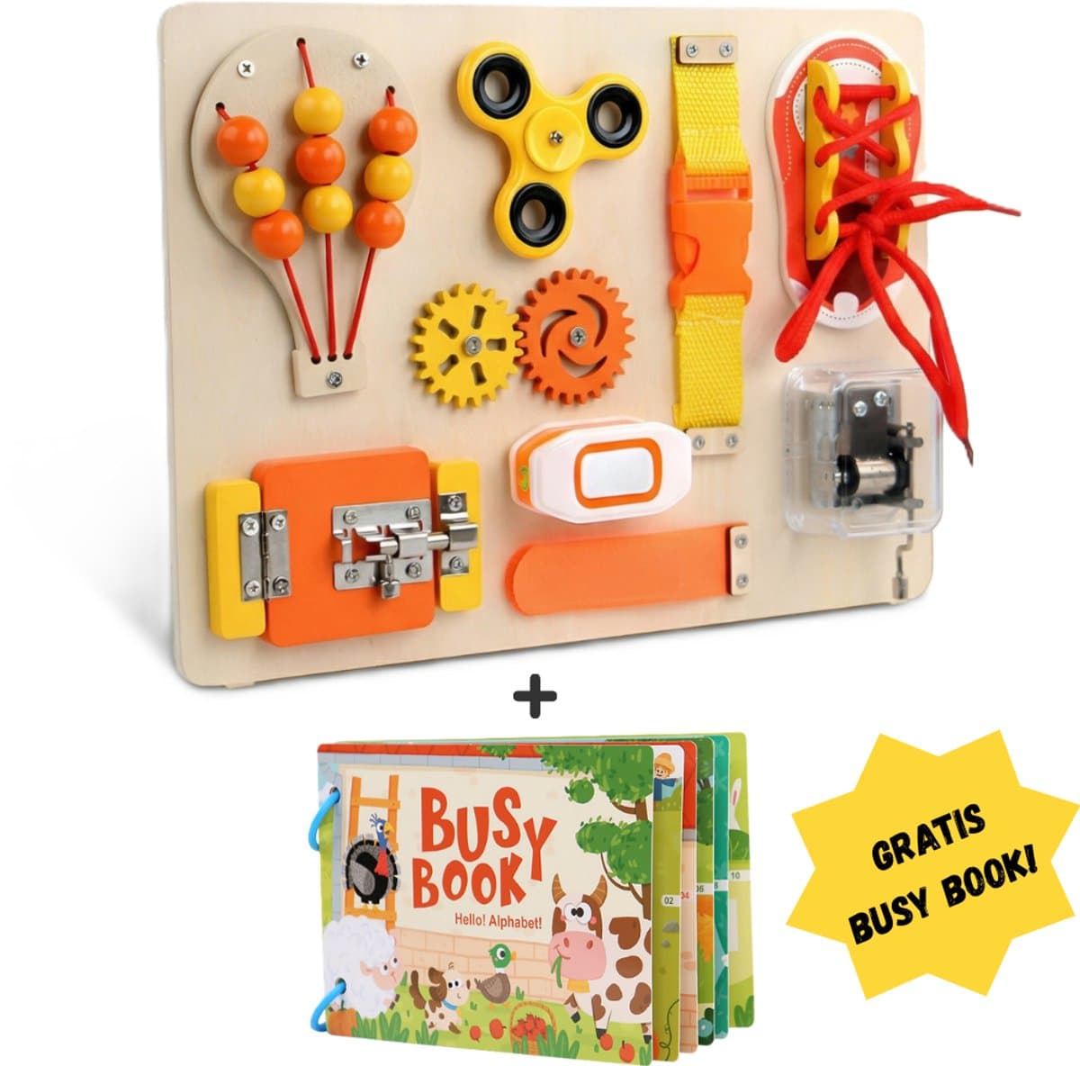 Montessori Busy Board + Busy Book Set (2-in-1) – Houten Educatief Speelgoed vanaf 3 Jaar – Fijne Motoriek & Sensorisch – Reisspeelgoed – Speelgoed voor in de Auto