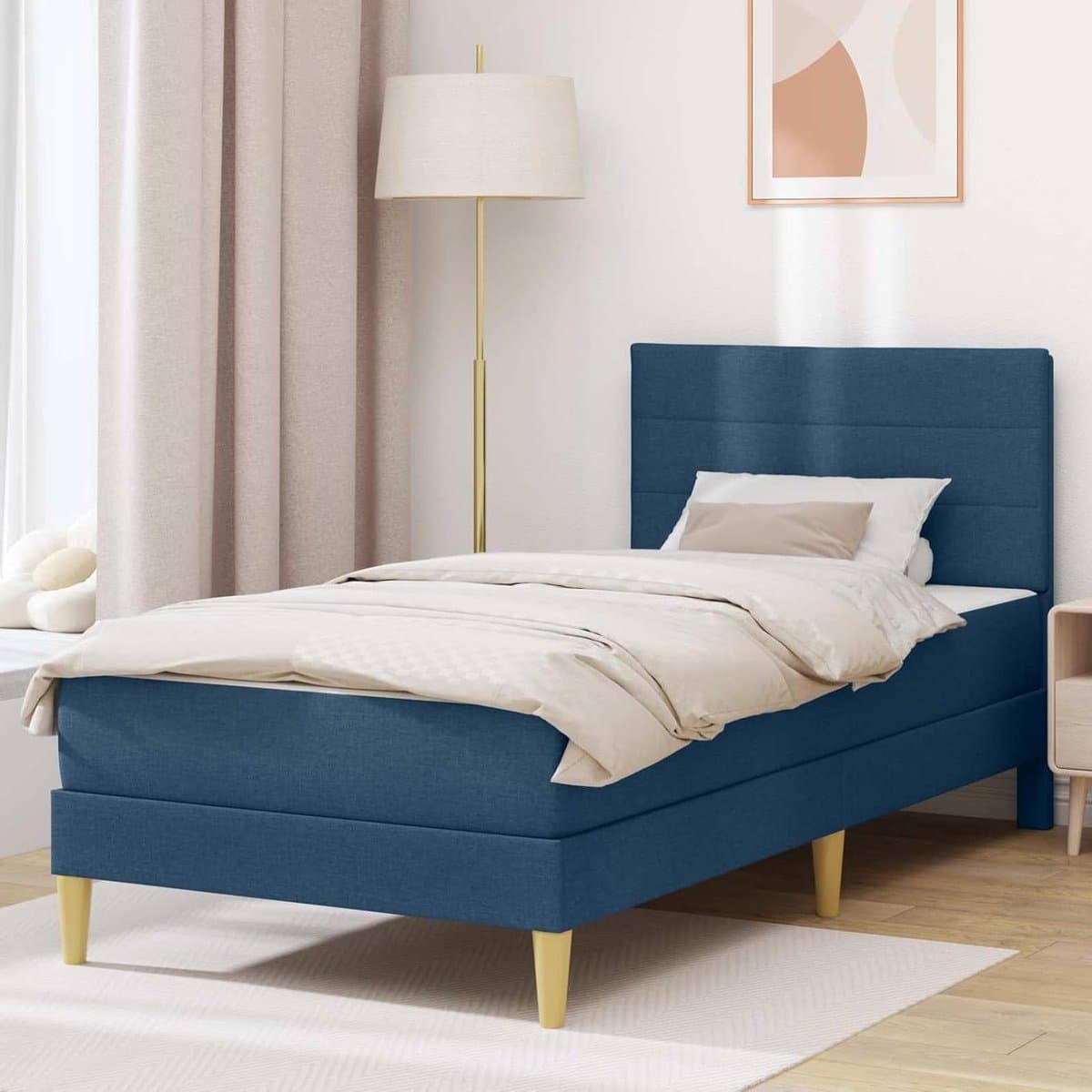 Gestoffeerd bed - Eenpersoons bed - Slaapkamer inrichting - Met pocketvering matras - 80x200cm - Blauw