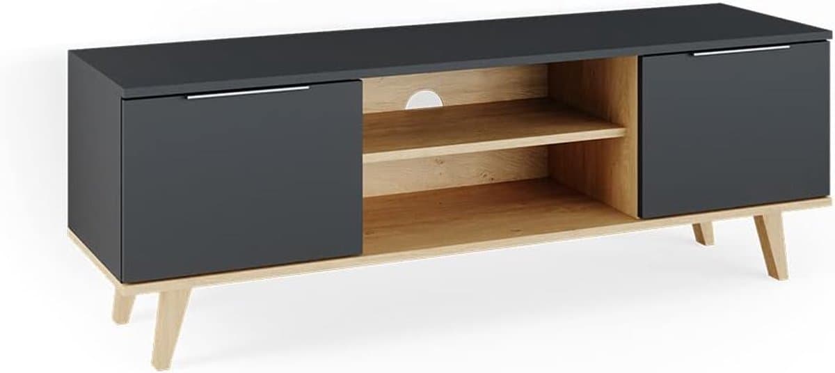 Lowboard TV Meubel in Scandinavische Stijl - Antraciet en Beukenhout - 138 cm breed