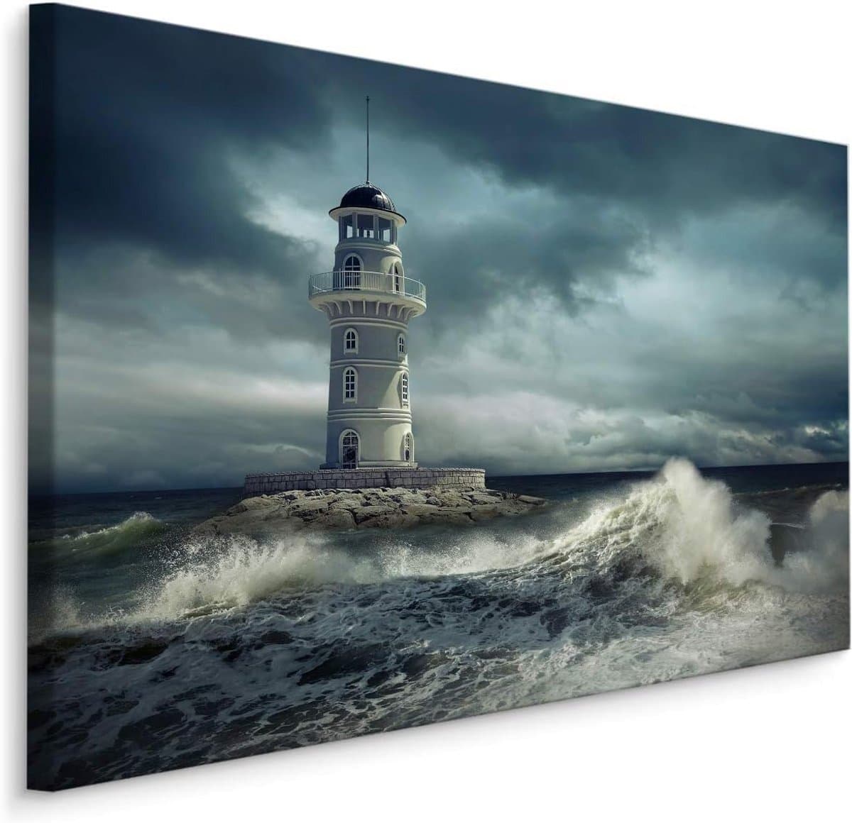 Canvas Schilderij Zeegezicht 120x80: Golven, Vuurtoren en Landschap - Wanddecoratie Woonkamer