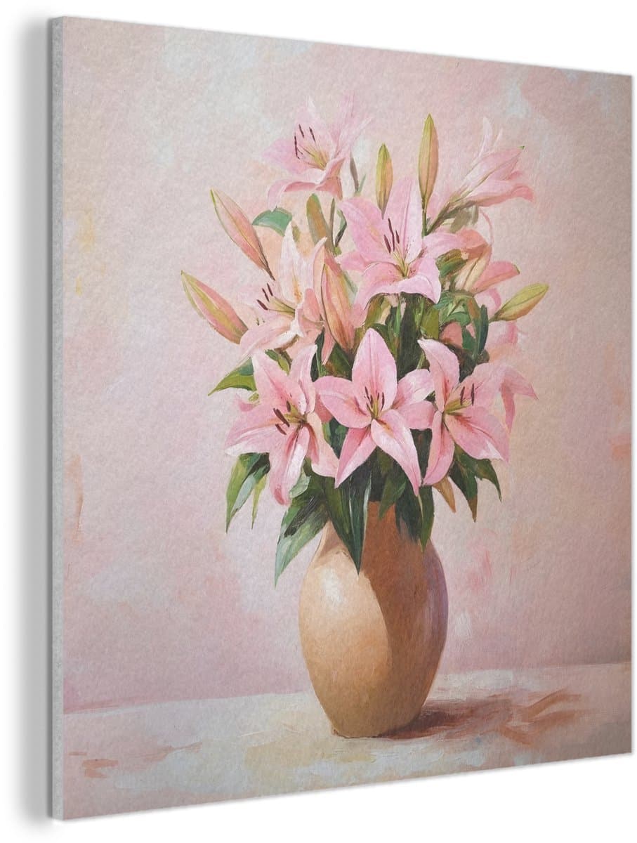 Akoestisch wandpaneel 60x60 cm - Vilt schilderij Vaas - Bloemen - Roze - Akoestische panelen - Geluidsdempende wanddecoratie - Geluidsisolatie woonkamer - Muurdecoratie geluidspanelen
