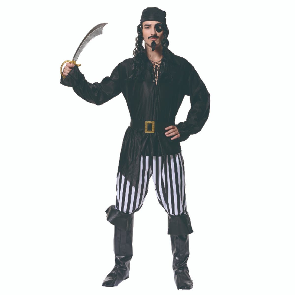 Piraat Kostuum Man – Zwart-Wit – Inclusief Jumpsuit, Masker, Riem en Bandjes – Carnaval & Verkleedkleding