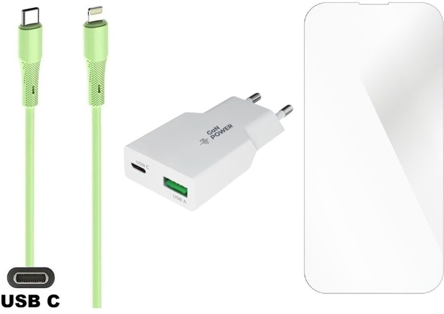 20W snellader met 2 poorten en screenprotector + 1,0m USB C naar Lightning kabel. Universele PD PPS lader. GaN oplader adapter. Glazen screenprotector past op Apple iPhone 14 Pro Max