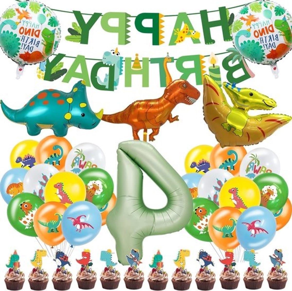 Dino Verjaardagsdecoratie Set met Ballonnen, Banner en Cupcake Topper voor Kinderfeestje