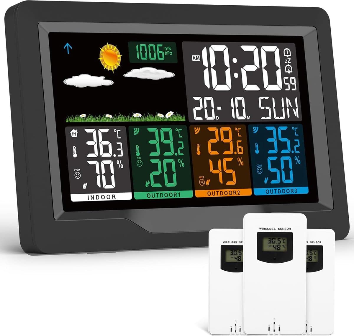 Weerstation met Sensoren - Binnen Buiten Monitor - Thuis Weer Checken - 75 Inch Kleuren Display - 3 Sensoren - Zwart