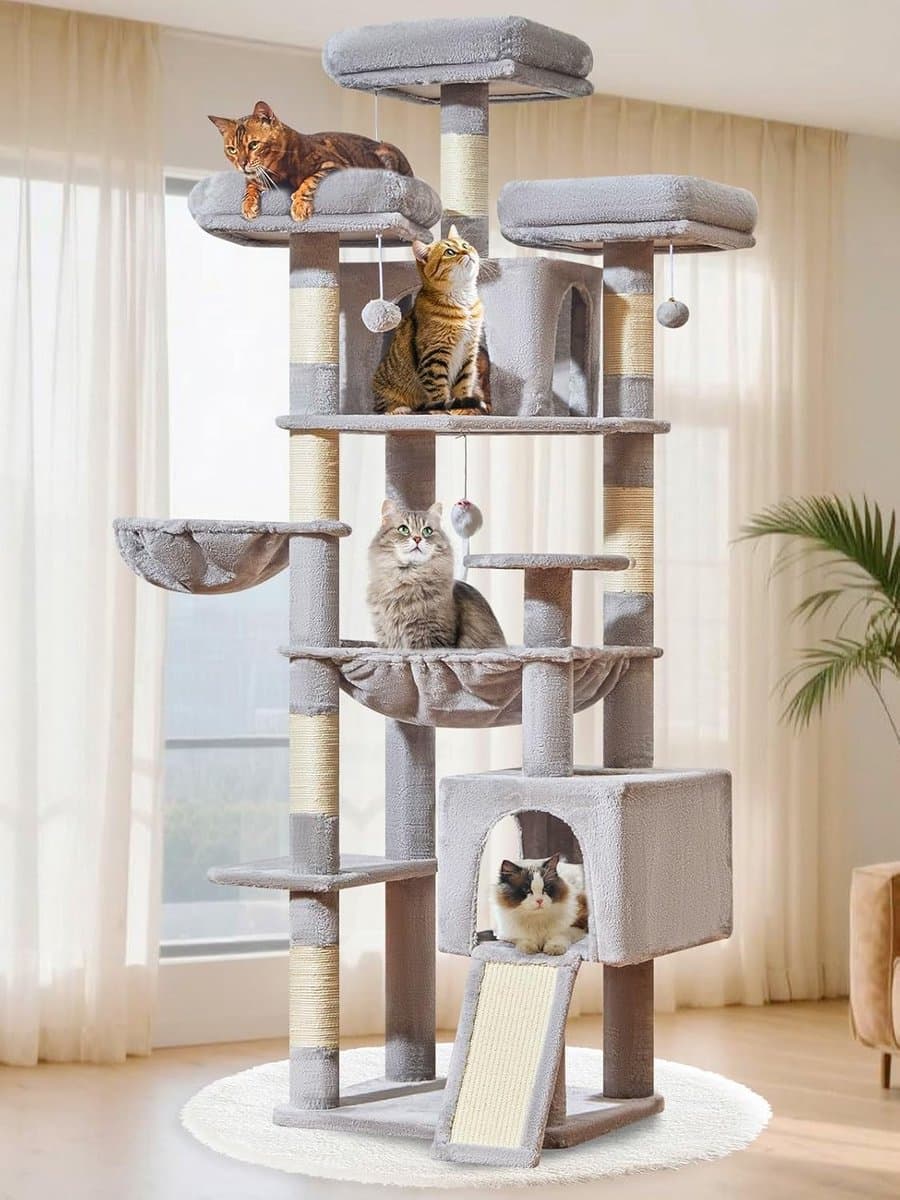 Krabpaal XXL - Kattenhuis - Katten Spelen - Meerdere Niveaus - 193cm Hoog - Lichtgrijs
