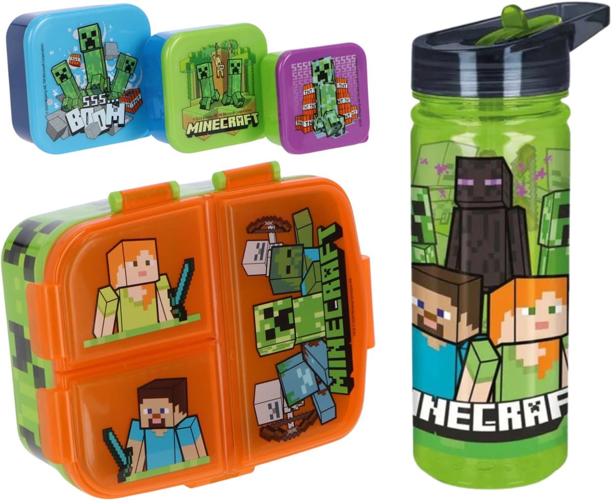 Minecraft lunchset; drinkfles, lunchbox en snackbox