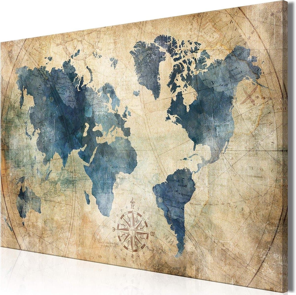 Schilderij Wereldkaart Canvas - Wanddecoratie Kaart - Woonkamer Decoratie - Volledige HD Kwaliteit - 120x80 cm - Vintage