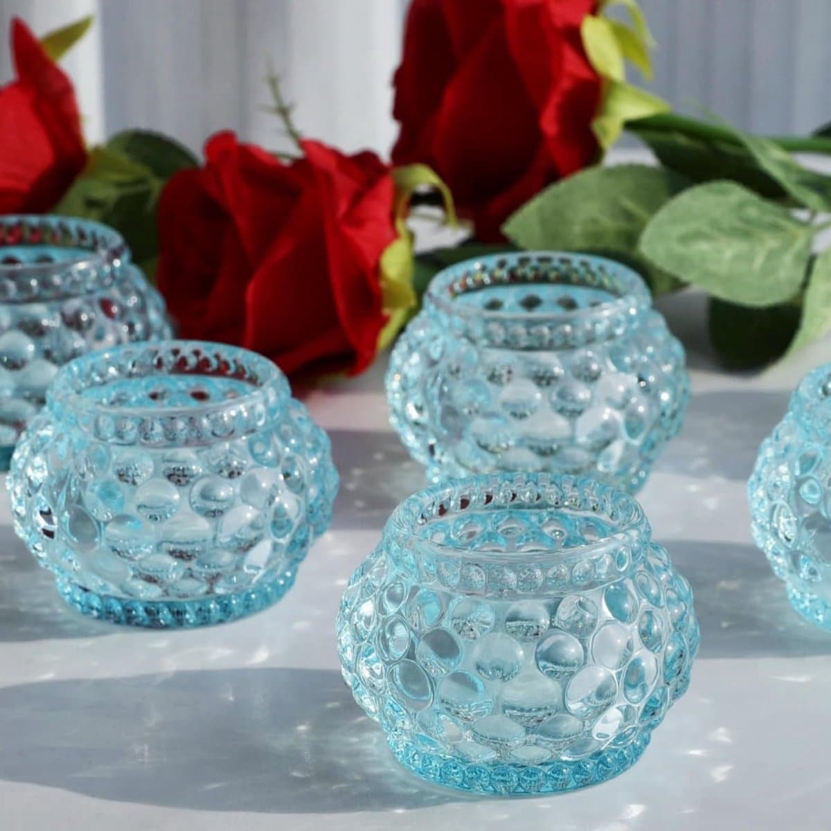 Theelichthouders Glas - Kaarsenpotjes Set - Sfeervolle Decoratie - Pompoen Bubbel Design - 6 Stuks - Blauw