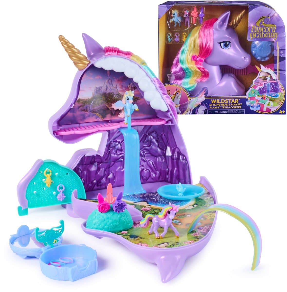 Unicorn Academy, 2-in-1 Wildstar-kaphoofd en -speelset met minifiguren met meer dan 15 onderdelen en haaraccessoires, poppen en eenhoornspeelgoed, verjaardagscadeaus