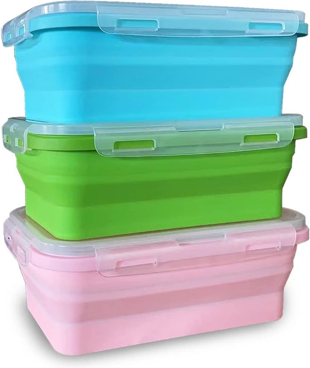 Siliconen opvouwbare containers, 3 stuks, 800 ml, lunchtrommel, voedselkwaliteit, siliconen, opvouwbaar, herbruikbaar, inklapbaar, voor vriezer, voor kamperen, wandelen, reizen