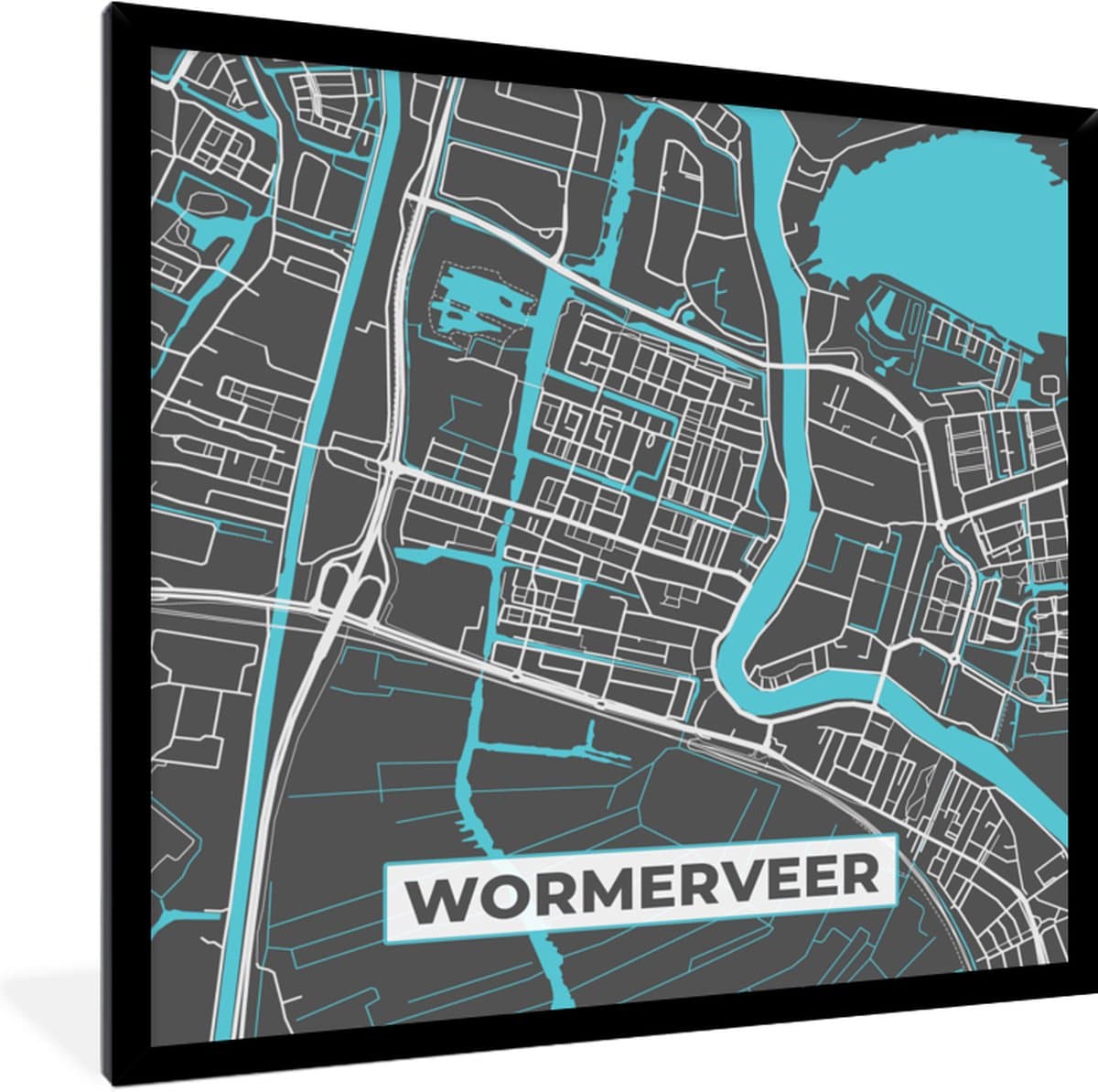 Poster in lijst - Fotolijst 40x40 cm - Posters - Stadskaart - Wormerveer - Plattegrond - Kaart - Posterlijst zwart - Decoratie - Wanddecoratie woonkamer - Muurdecoratie slaapkamer