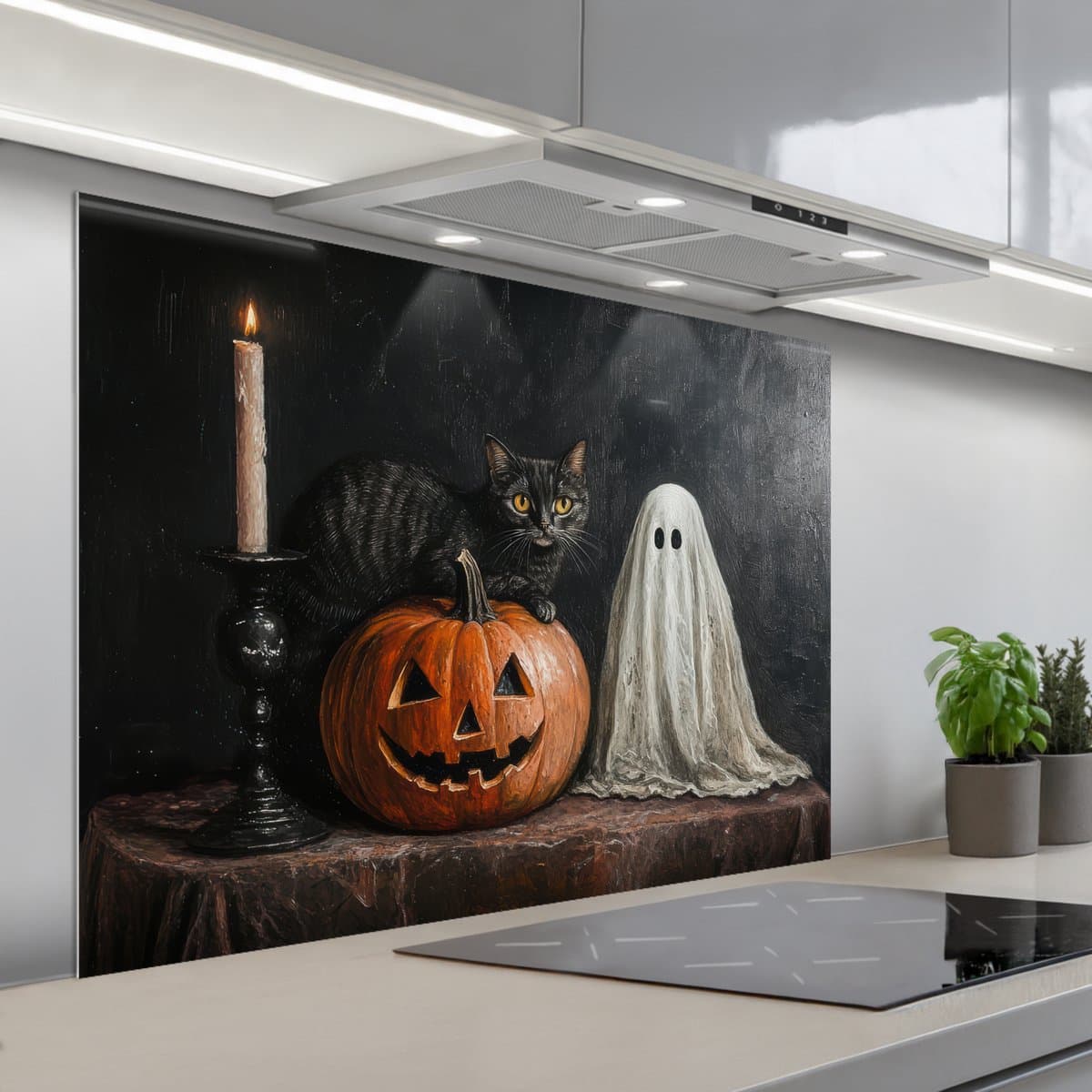 Spatscherm 100x75 cm - Zelfklevende achterwand Halloween - Pompoen - Spook - Zwarte kat - Stilleven - Keuken muurbeschermer - Spatwand fornuis