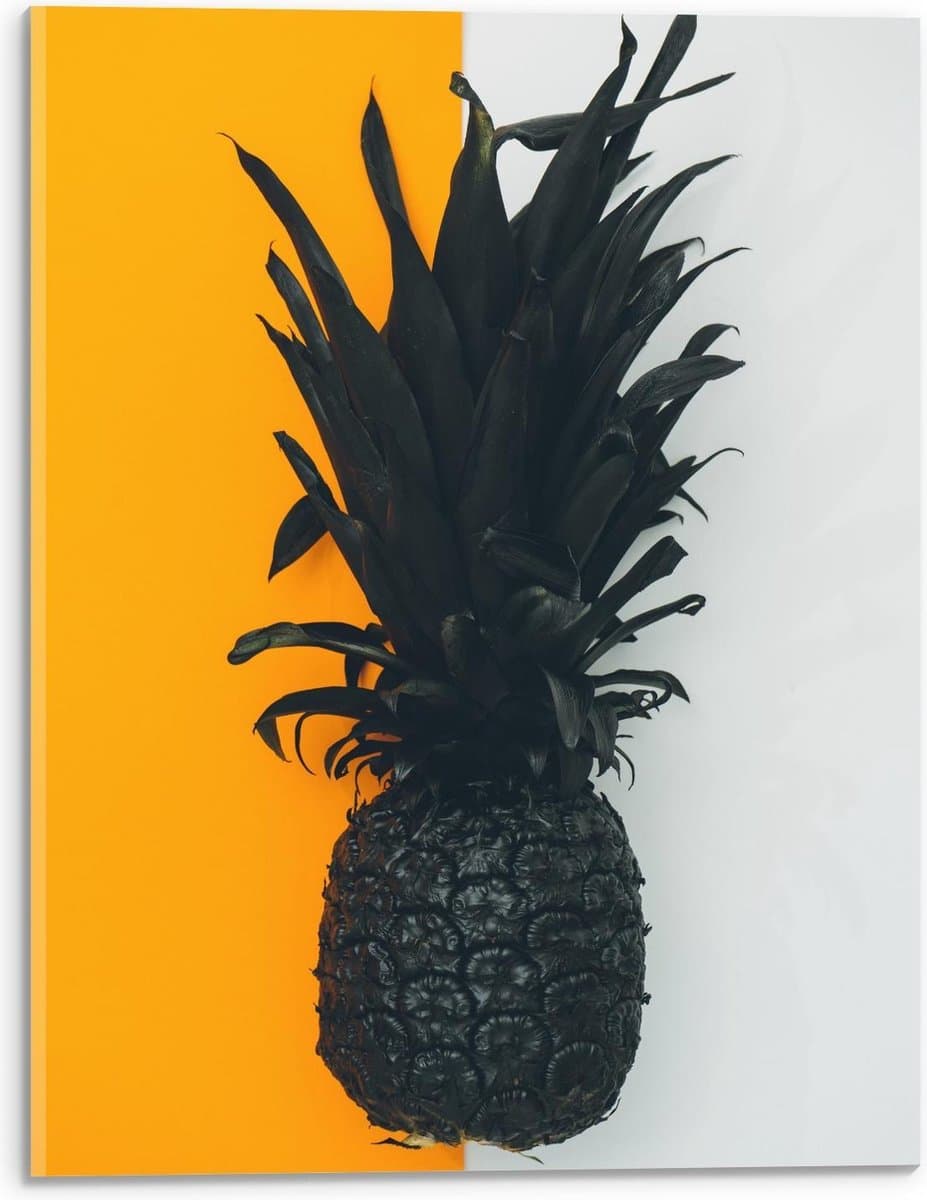 Acrylglas - Zwarte Ananas met Gele/Witte Achtergrond - 30x40cm Foto op Acrylglas (Met Ophangsysteem)