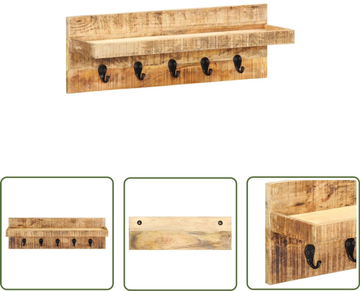 vidaXL Wandkapstok - Massief rauwe mango hout, 60 x 15 x 20 cm, Bruin en Zwart