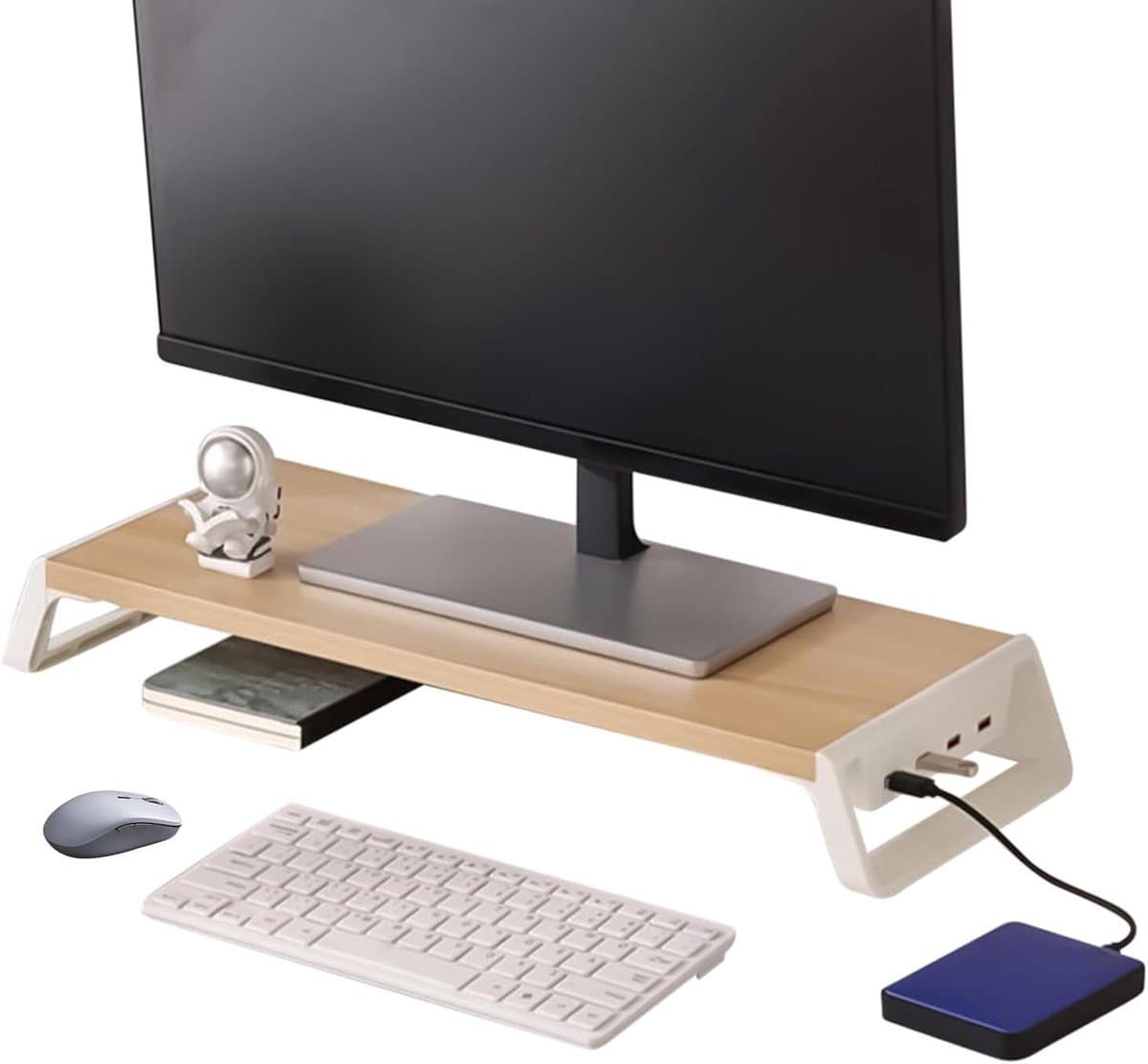 Monitor Verhoger - Bureau Organizer - Werkplek Organiseren - Met USB Poorten - 50x20x7.5cm - Houtkleur met Wit