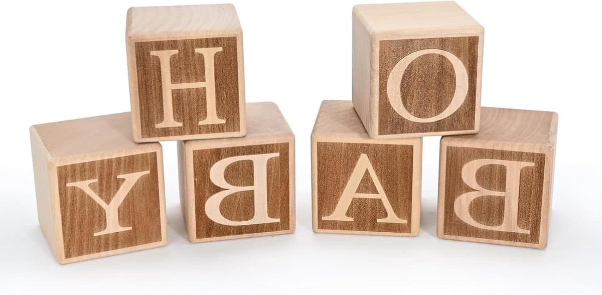 Houten Letters Babyblokken - Houtblokken OH BABY - Babyshower Decoratie - Gegraveerde Letters - 6 stuks - Natuurlijk Hout