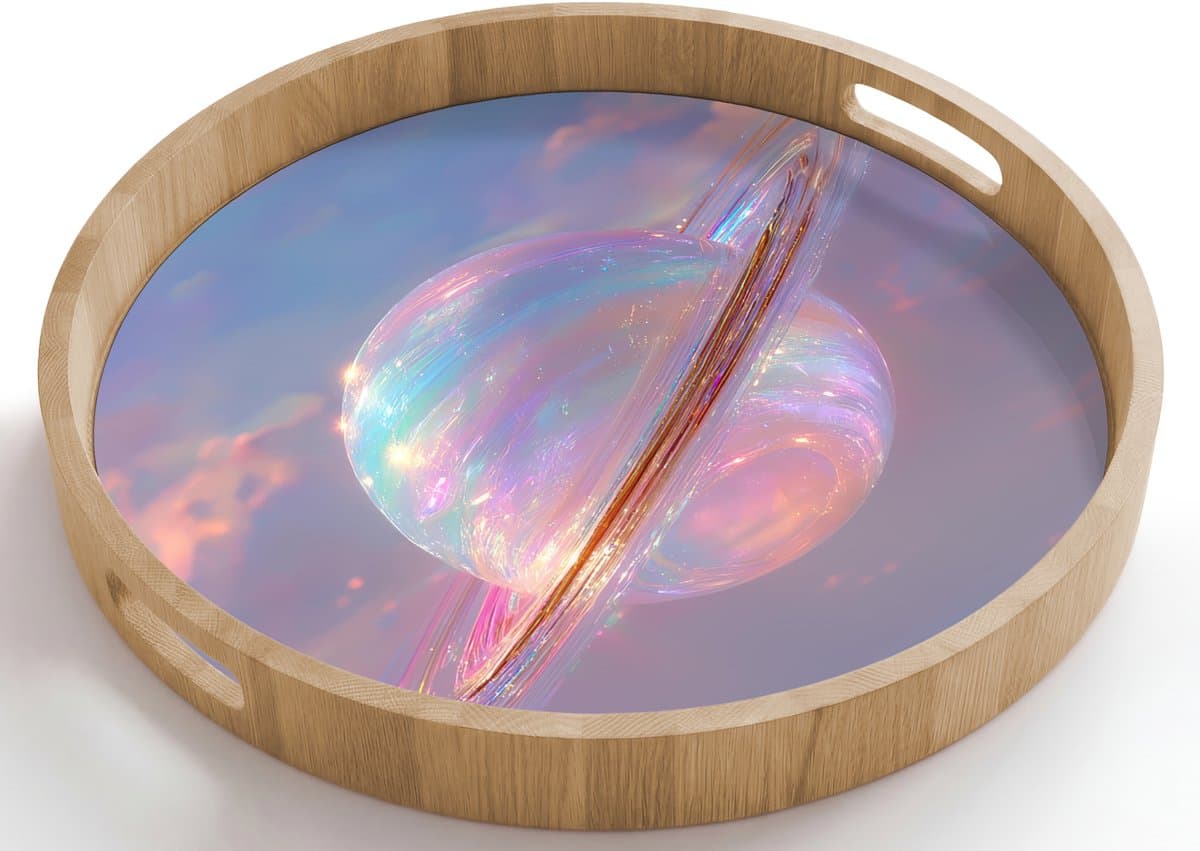 Dienblad rond 50x50 cm - Schootdienblad hout - Planeet - Lucht - Wolken - Pasteltinten - Borrelplank rechthoek - Plateau houten dienbladen