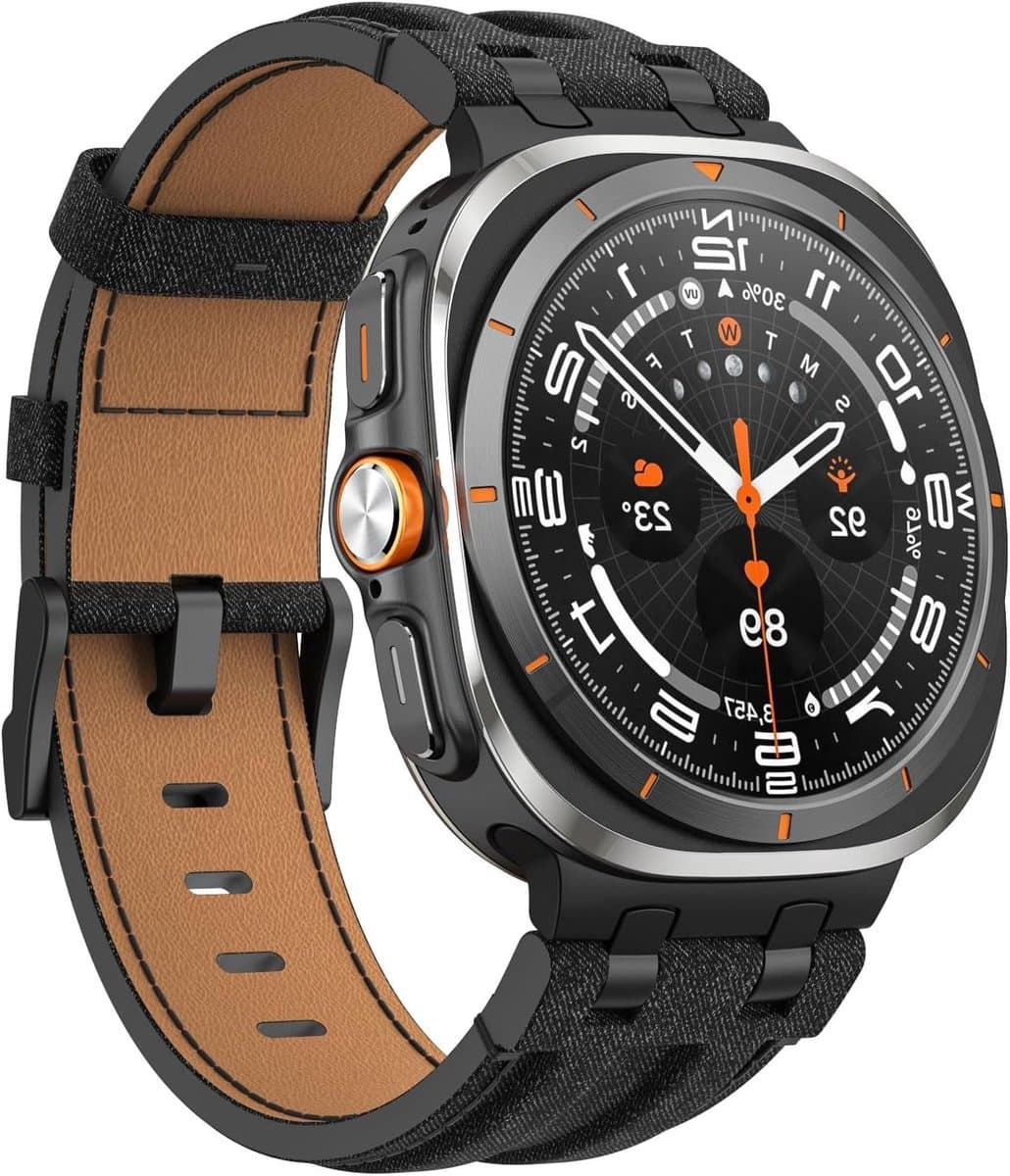 Leren Horlogeband voor Samsung Galaxy Watch Ultra 47mm met Metaal Connector, Vervangband voor Mannen in Zwart en Denim Zwart, Comfortabel en Duurzaam