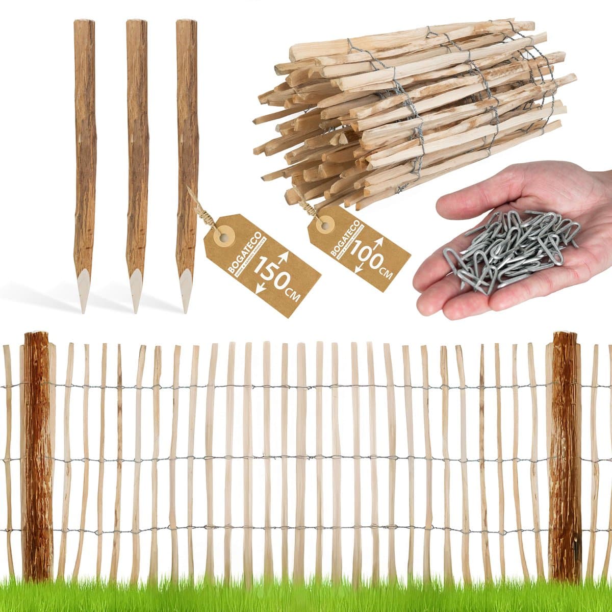 BOGATECO Hazelnoot Tuinafscheiding 100 x 500 cm - Complete Set met 150 cm Palen & Beslag - Lattenafstand 3-4 cm - Natuurlijk Rolhekwerk voor Tuin & Erf