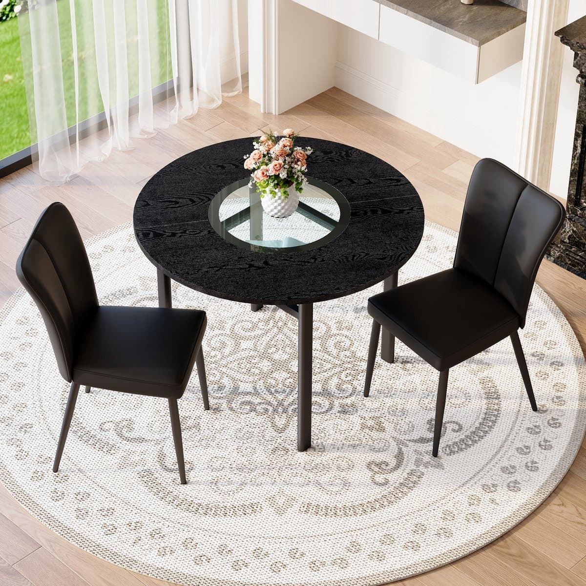 MODFU - Eettafelset - Ronde Tafel Met 2 Stoelen - Minimalistisch - Voor Eetkamer - MDF En Glas - Zwart - 100 Cm