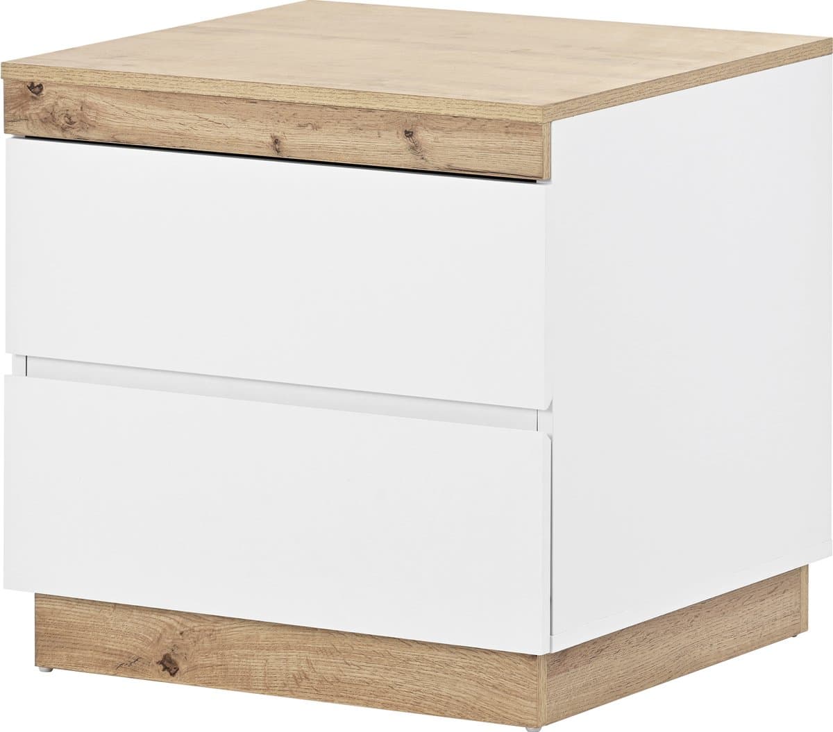 Nachtkastje Wit Eiken - Klassiek Bedkastje - Twee Ruime Lades - Extra Opbergruimte - E1 Spaanplaat - Slaapkamer - Compact - Wit en Eikenkleur