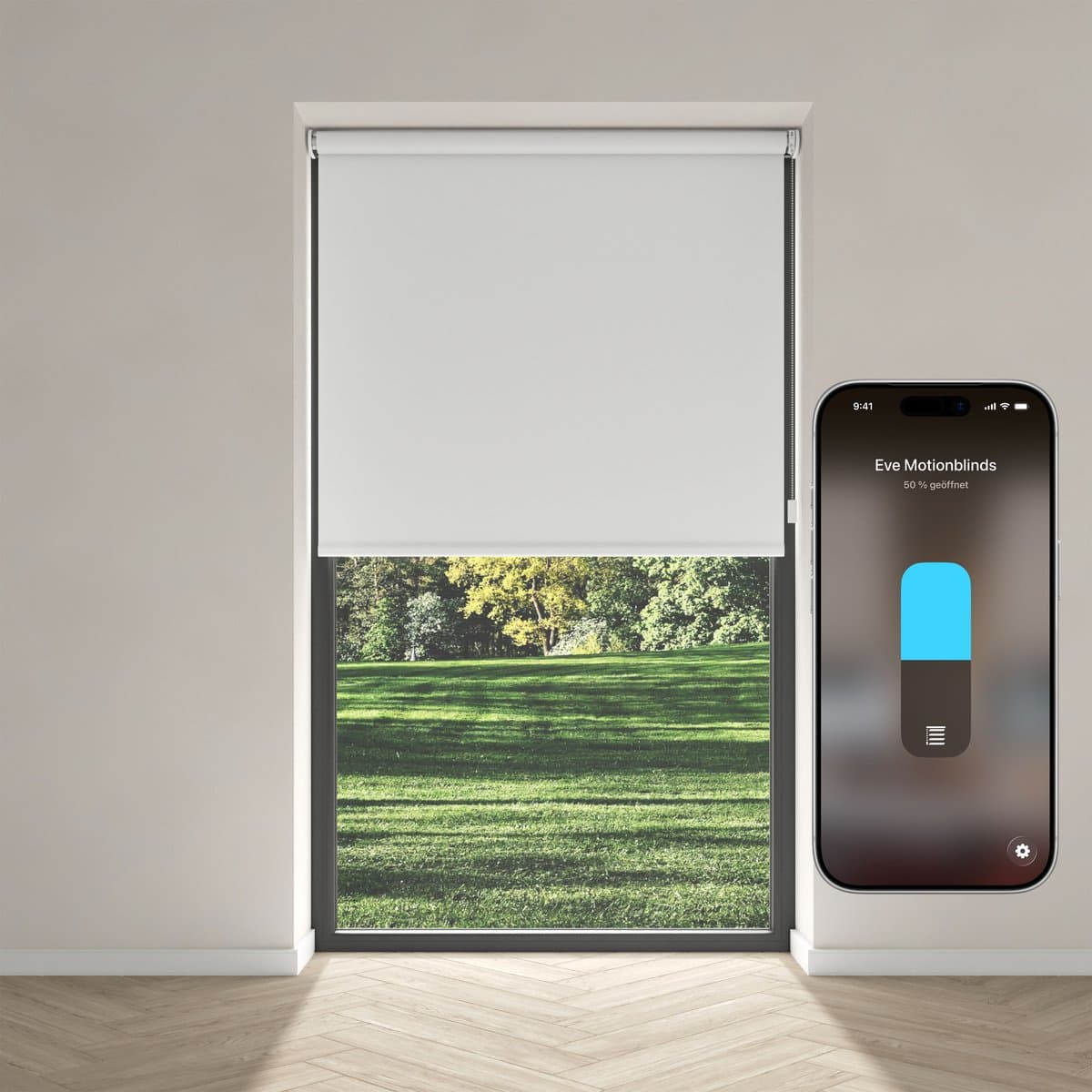 Eve Motionblinds (Matter) - Slim elektrisch rolgordijn voor binnen, app-/spraakbediening, schema's, verduisterend, oplaadbare accu, vrijhangend, schroefmontage, automatiseringen, vereist een hub, wit - 240x190cm