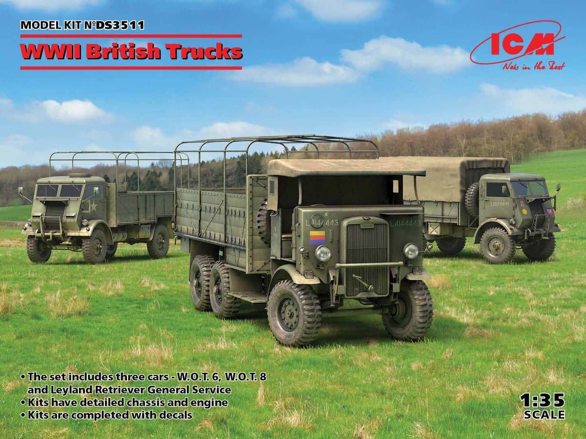 ICM Modelbouwpakket Militaire voertuigen - DS3511 WWII British Trucks - W.O.T.6, W.O.T.8, Leyland Retriever Plastic - 1:35 - Modelbouw