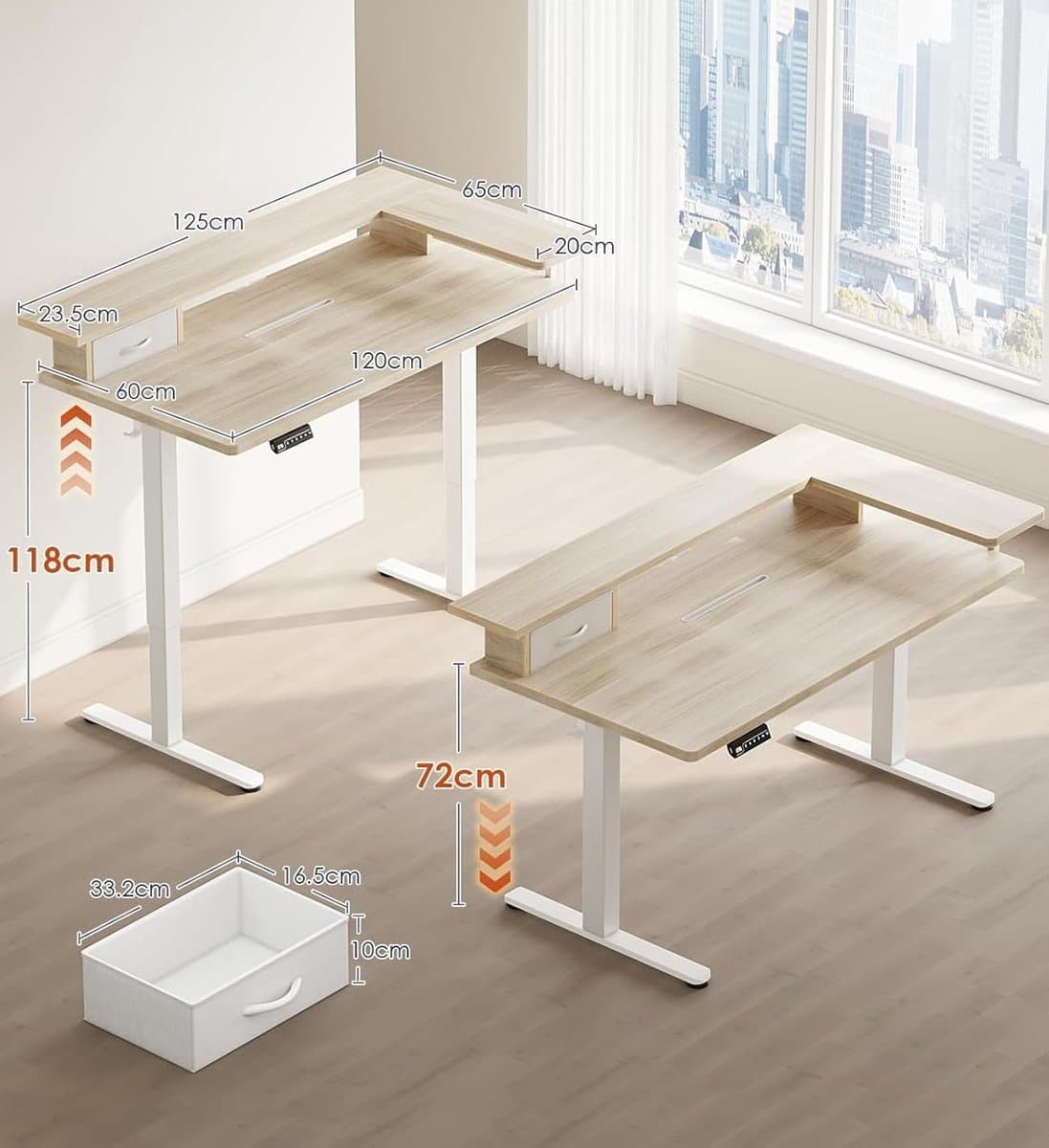 Electric Desk OffiGo ProLift 120x60 cm – Ergonomic Height Adjustable Sit-Stand Desk with Drawer & USB, Modern Beige, Complete Maple Surface for Home Office, Study & Gaming