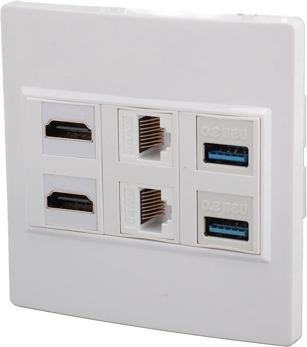 Cosensi - Wandplaat met 6 Poorten, USB3.0 Oplaadpoort, Cat6 RJ45 Ethernet voor Computers, TV's, Harde Schijven, Projectoren, Routers, Settopboxen