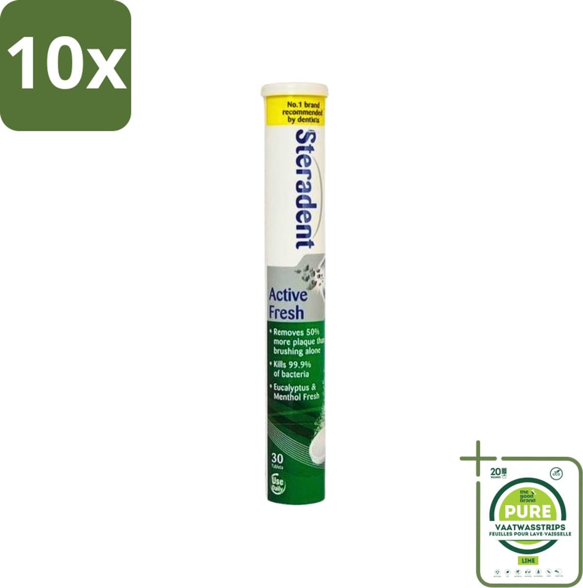 10 x Steradent Kunstgebit Reinigingstabletten Active Fresh Plus 30 tabletten - Grootverpakking - Kunstgebit Reiniging - Kunstgebit Tabletten - Tandsteen Verwijderen - Kunstgebit Schoonmaken - Frisse Adem