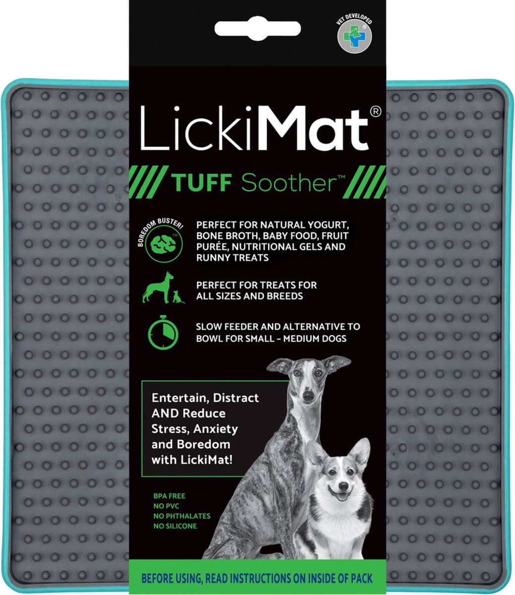 Lickimat Soother Tuff - Reducerende Stress Voermat 20x20 cm - Hondenvoerbak - Turquoise&Grijs