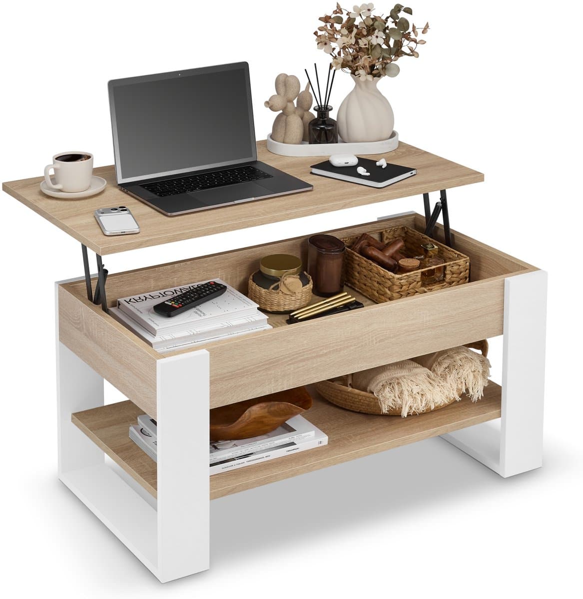 defiPad Salontafel met opklapbaar blad, plank en opbergruimte - Industrieel, Loftstijl - Wit + Sonoma Eiken