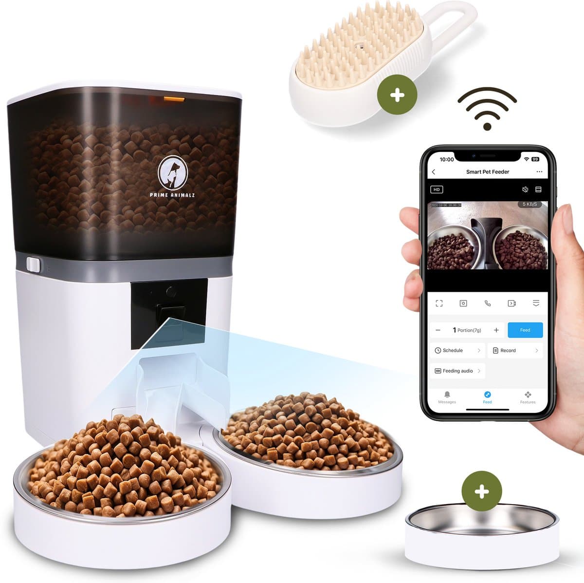 Automatische Voerbak Kat en Hond 6L Upgraded – Slimme Voerdispenser met Camera – Full HD 1080P Night Vision – Two-Way Audio – RVS Dubbele en Enkele Voerbak – App-bediening – Voerschema Instellen – Prime AnimalZ – Wit