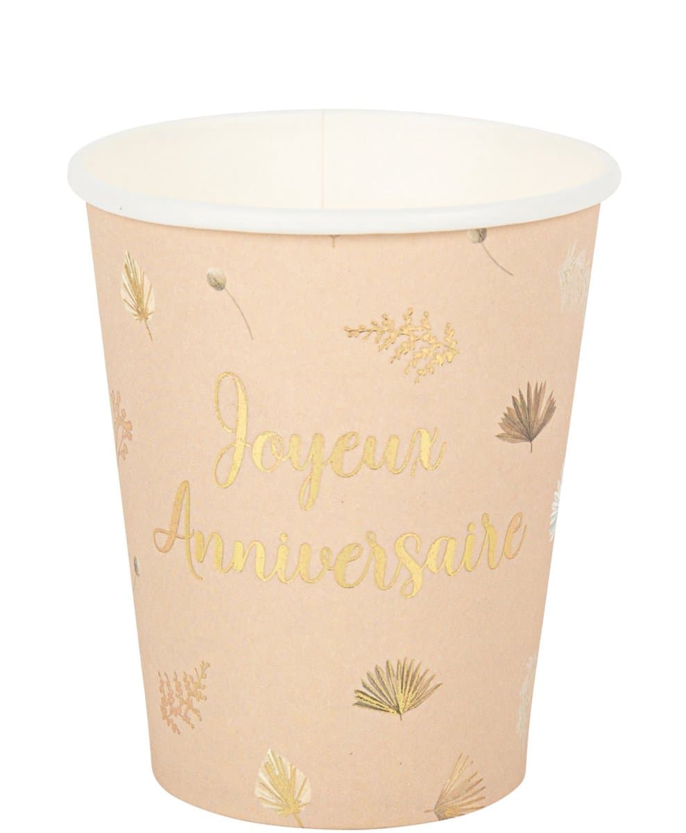 ARTYFETES - 8 Boho Blush en Goud Happy Birthday Bekers 255 ml van karton