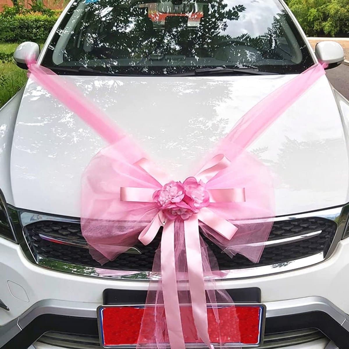 Organza Autodecoratie Bruidspaar Huwelijk Auto Boog Grote Tulelinten Versiering voor Huwelijksauto Feest Nieuw Huis Valentijnsdag