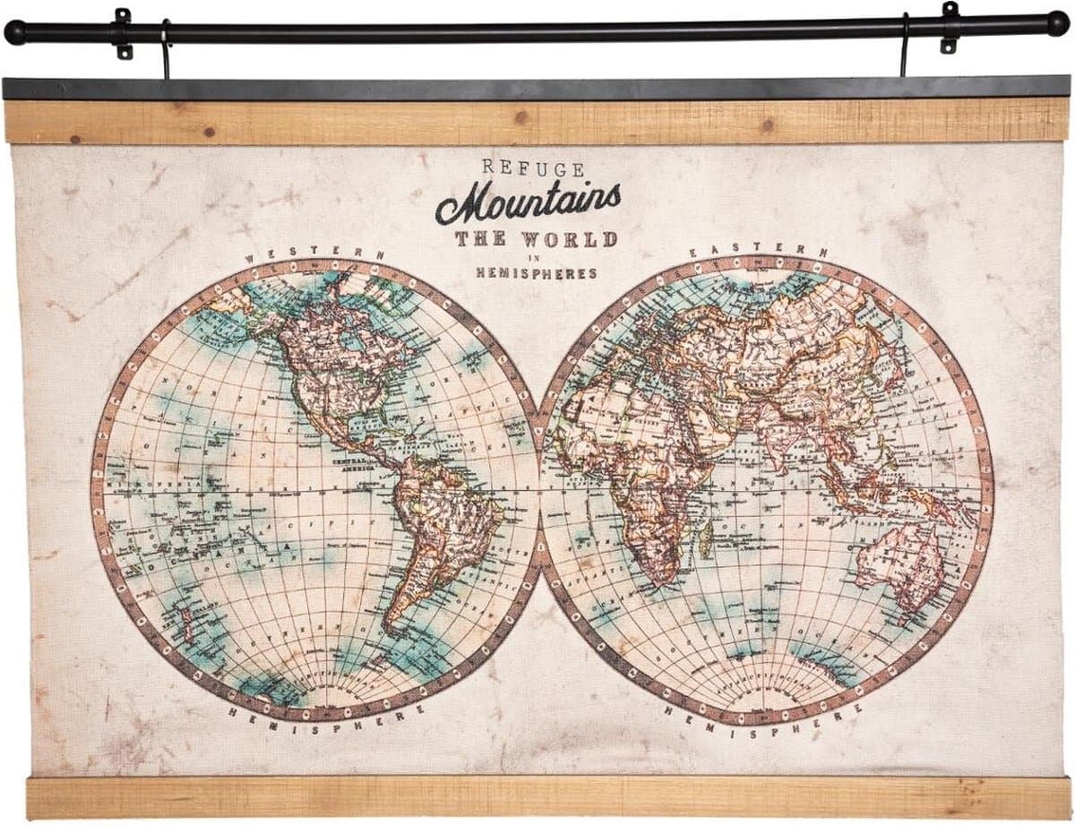Wanddecoratie Ophang canvas Wereldkaart 100cm x 78cm - Inclusief ophangsysteem!