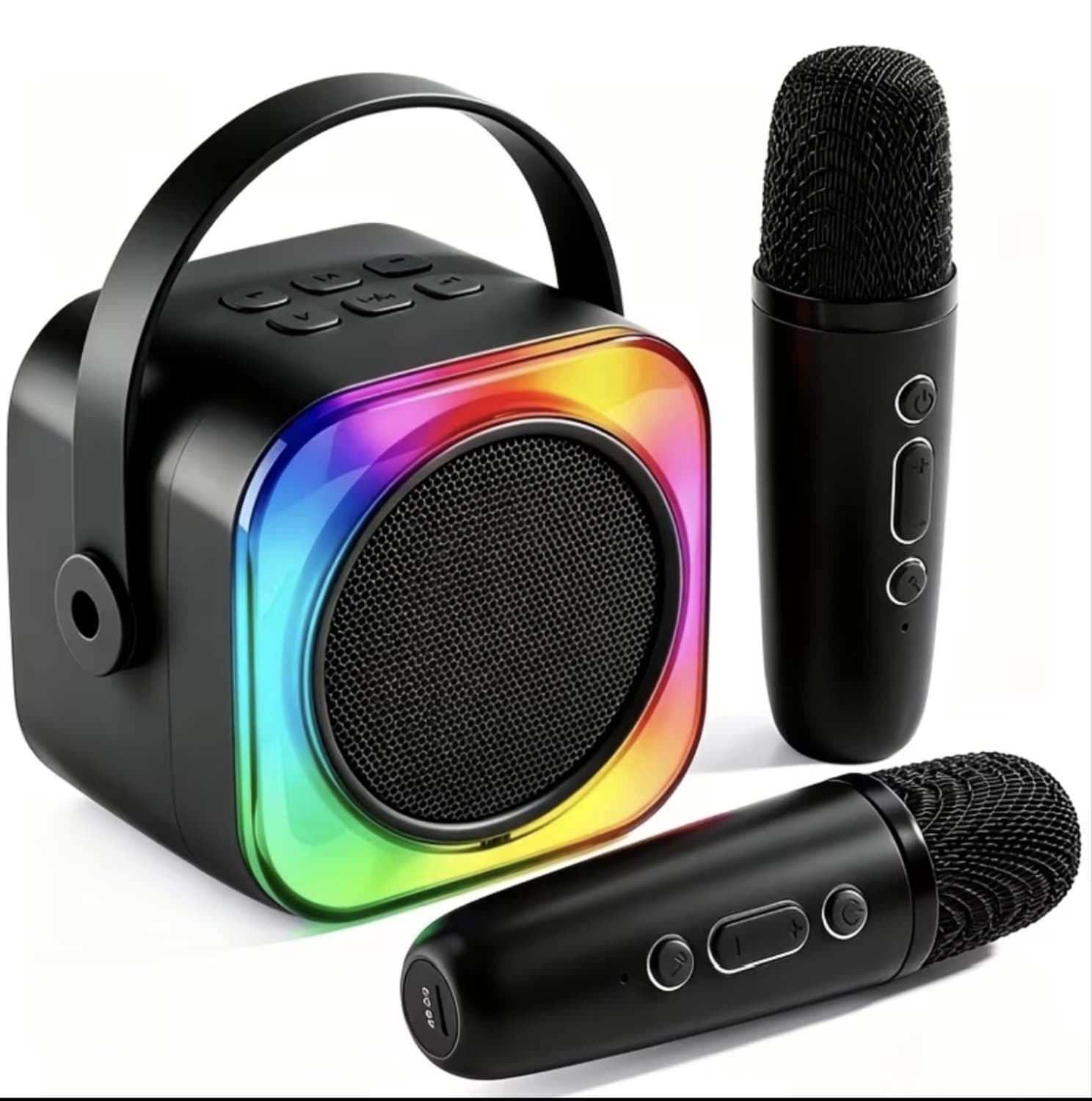 Draagbare Karaoke Speaker met 2 Draadloze Microfoons – Bluetooth – LED Verlichting – Voice Effects – Oplaadbaar