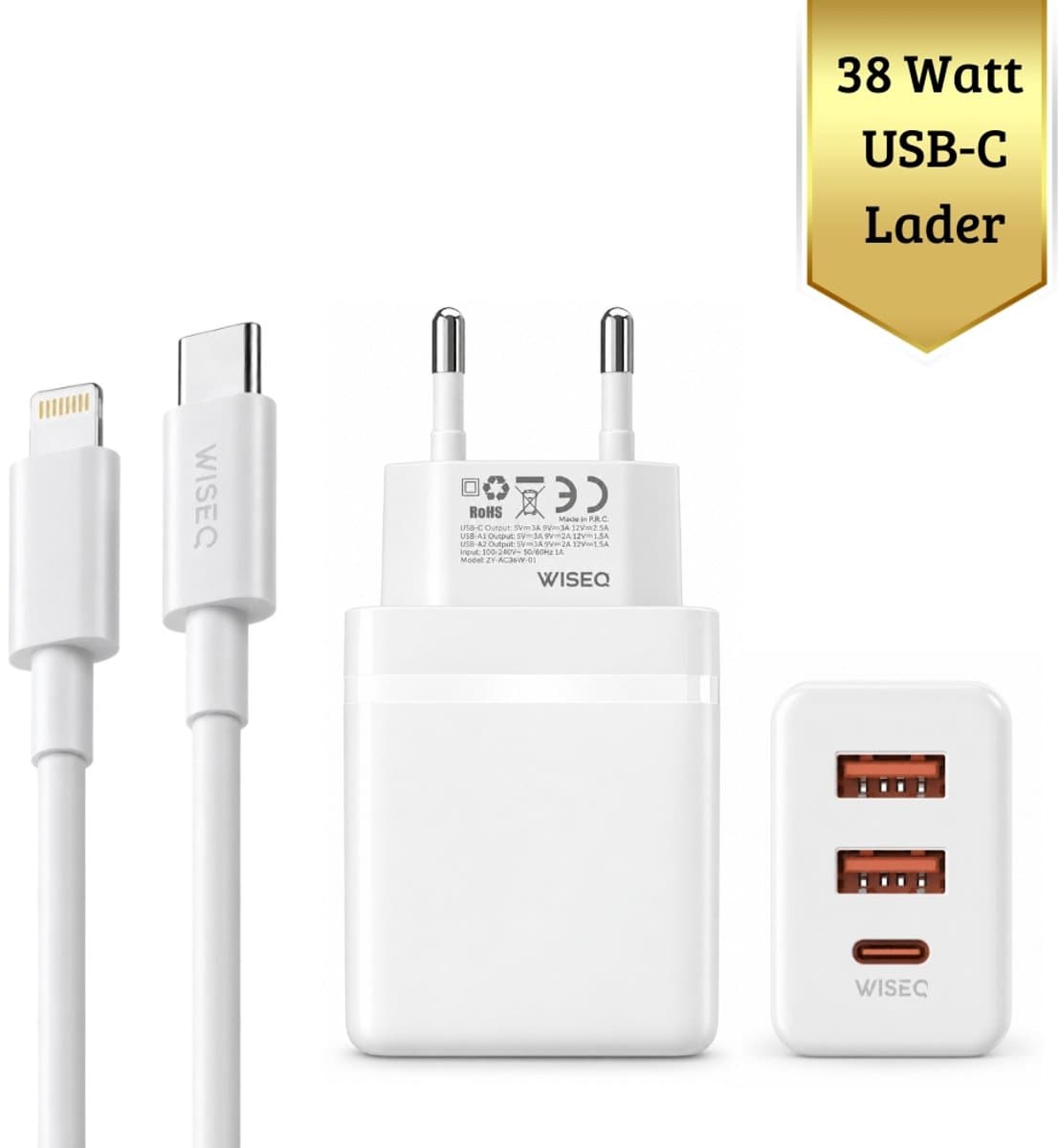 Oplader Geschikt voor iPhone Snellader 38W - Fast Charger Geschikt voor iPhone 14/13/12/11 Pro Max & iPad USB-C Adapter met Lightning Kabel – Snelle Oplader Inclusief Kabel (1M)