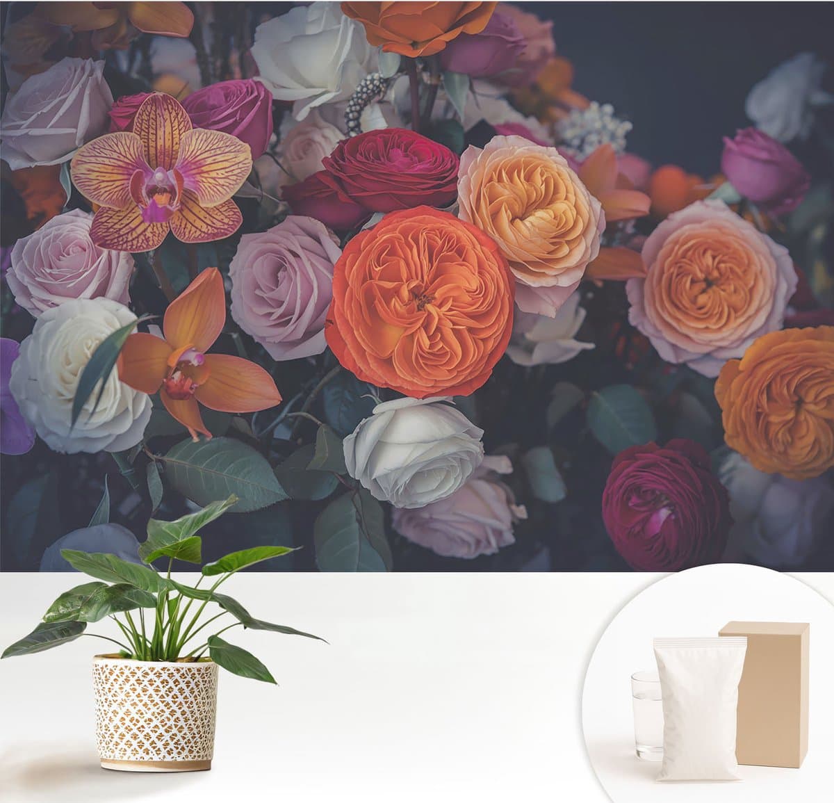 Wallfluent Fotobehang - Oranje Vliesbehang - 152x104 cm - Kleurrijk Boeket Fotobehang Vlies - Woonkamer behang Bloemen En Planten - Muurschildering - Woonkamer behang