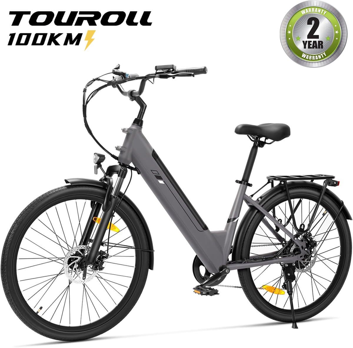 Touroll J2 ST Elektrische Fiets 250W 45Nm Accu 561.6Wh 100km 7 Versnellingen Shimano Bagagedrager Lage Instap Grijs
