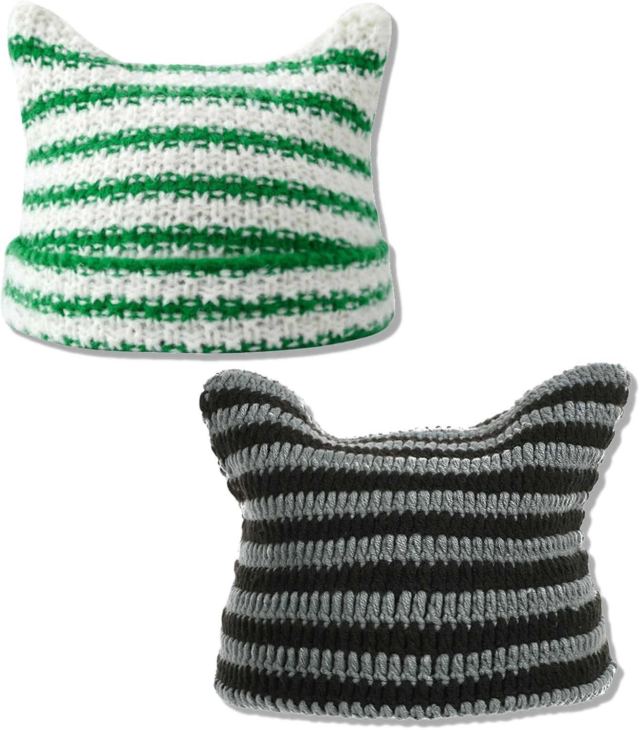 Set van 2 wintermutsen voor dames, strepen, warme dameshoed, groen, zwart, gebreid, pet, kattenoren, mutsen voor dames, heren, uniseks