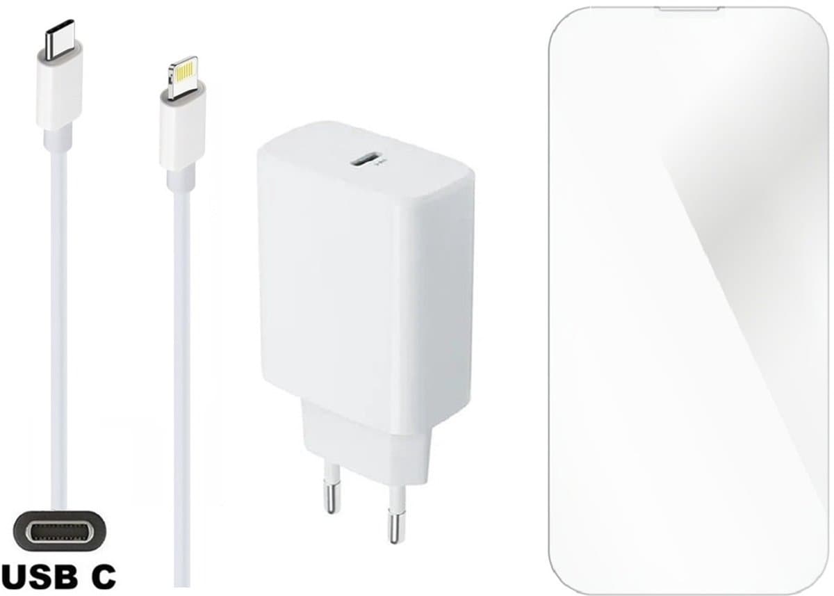 20W snellader en screenprotector + 0,95m USB C naar Lightning kabel. PD lader. Universele oplader adapter. Glazen screenprotector past op Apple iPhone 14 Pro Max