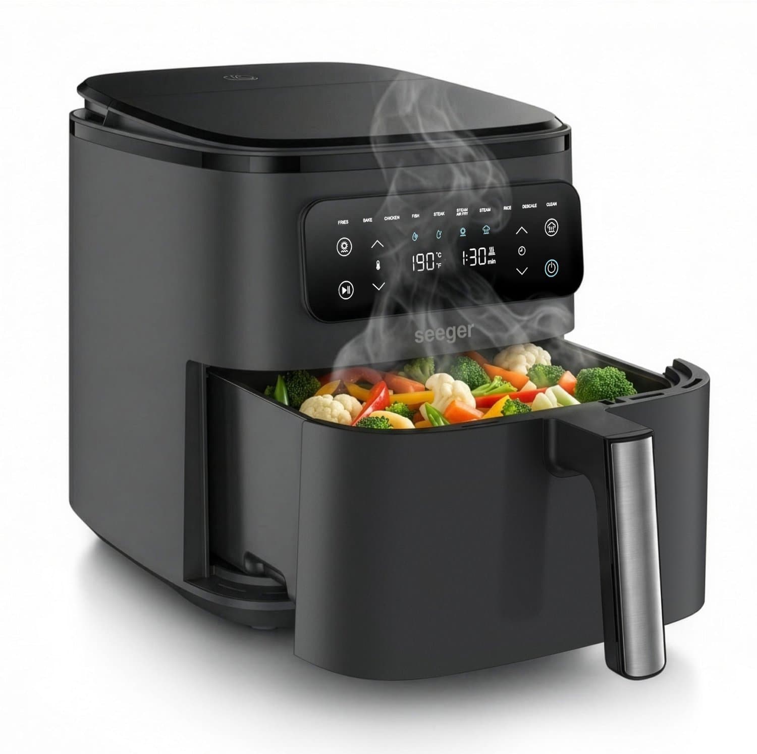 Seeger Airfryer met Stoomfunctie XXL - 7 Liter - SteamFry - 8 Programma's - PFAS-vrij - tot 8 Personen - 1.1 Liter Watertank