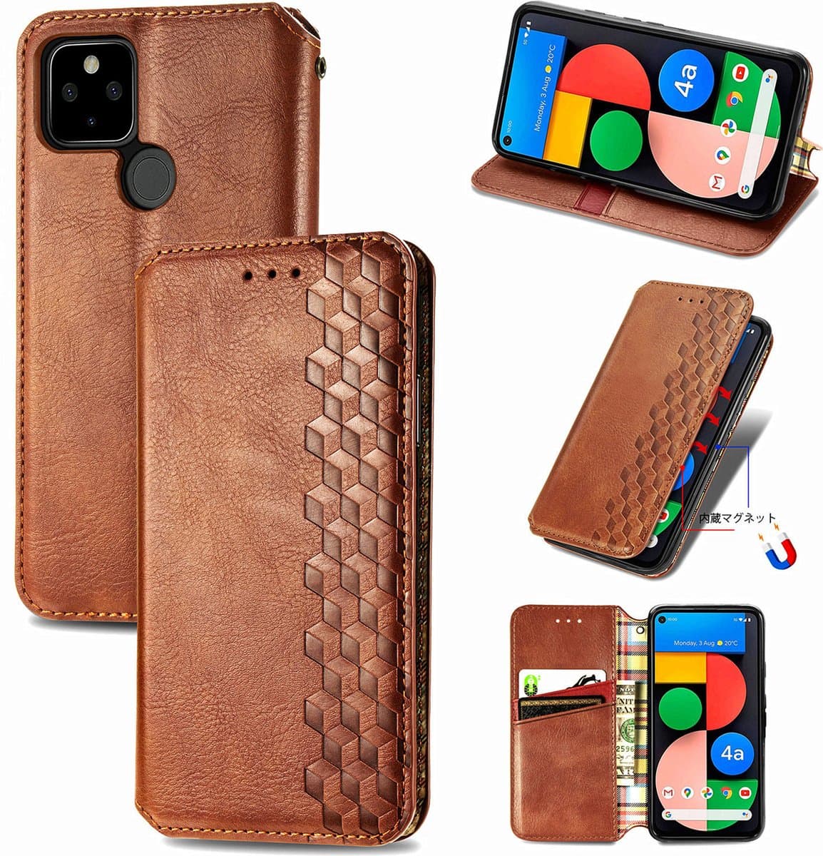 Luxe PU Lederen Ruitpatroon Wallet Case + Glas Screenprotector voor Google Pixel 4a 5G _ Bruin