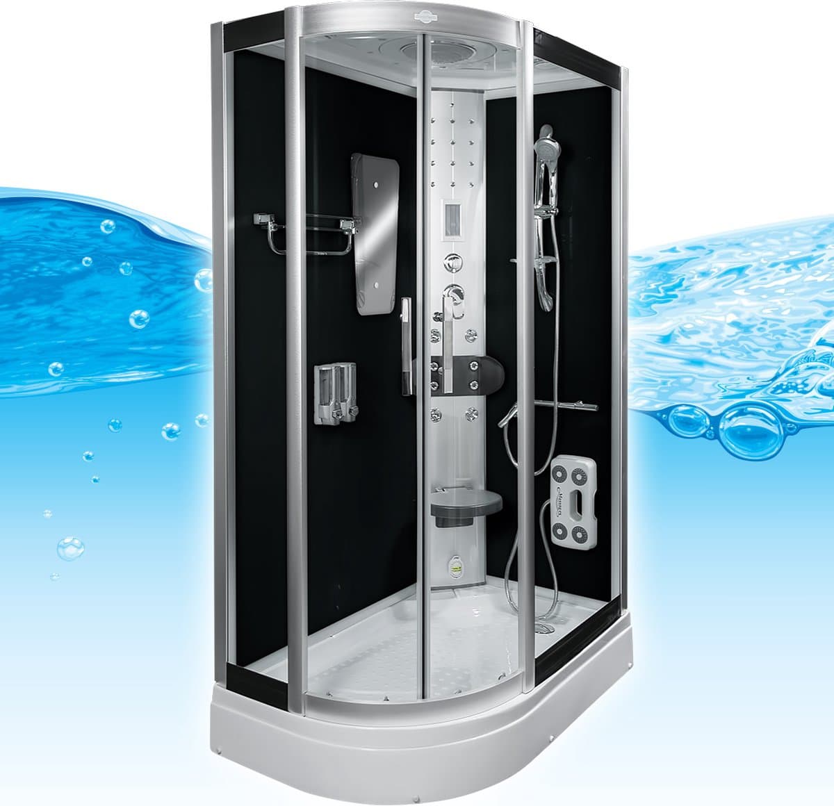 Stoomcabine 120X80X215 Fiona. Luxe Stoomdouche, THERMOSTAATKRAAN, LINKS, Kit-Vrij, Zwart, Veiligheidsglas, LED, Radio, Speakers, Zitje, Massage, Hoekmodel, Kwartrond, Schuifdeuren, Douchebak, Afvoer, Sifon, A Kwaliteit, Full Options. Royal Sanitair