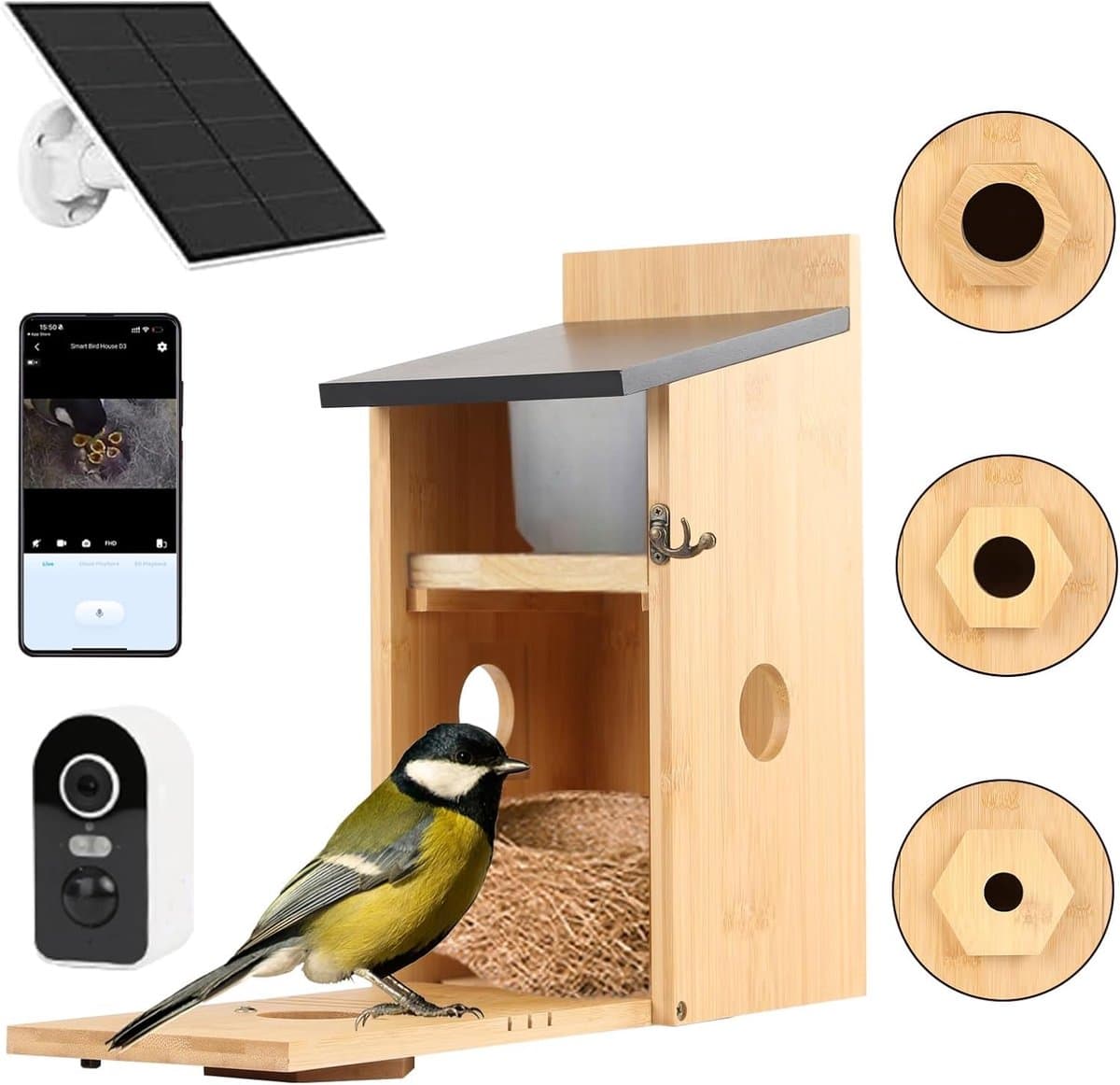 Thijox - Vogelhuis met Camera 5MP HD voor Buiten, 2,4G Wifi, App-Melding, Bewegingsdetectie, Automatische Opname van Vogelvideo's, Zonne-energie, Perf